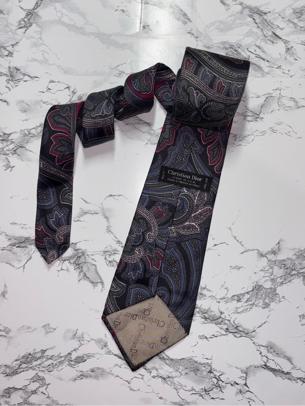 Vintage Dior Men’s Black Paisley Silk Tie with Burgundy & Blue Accents